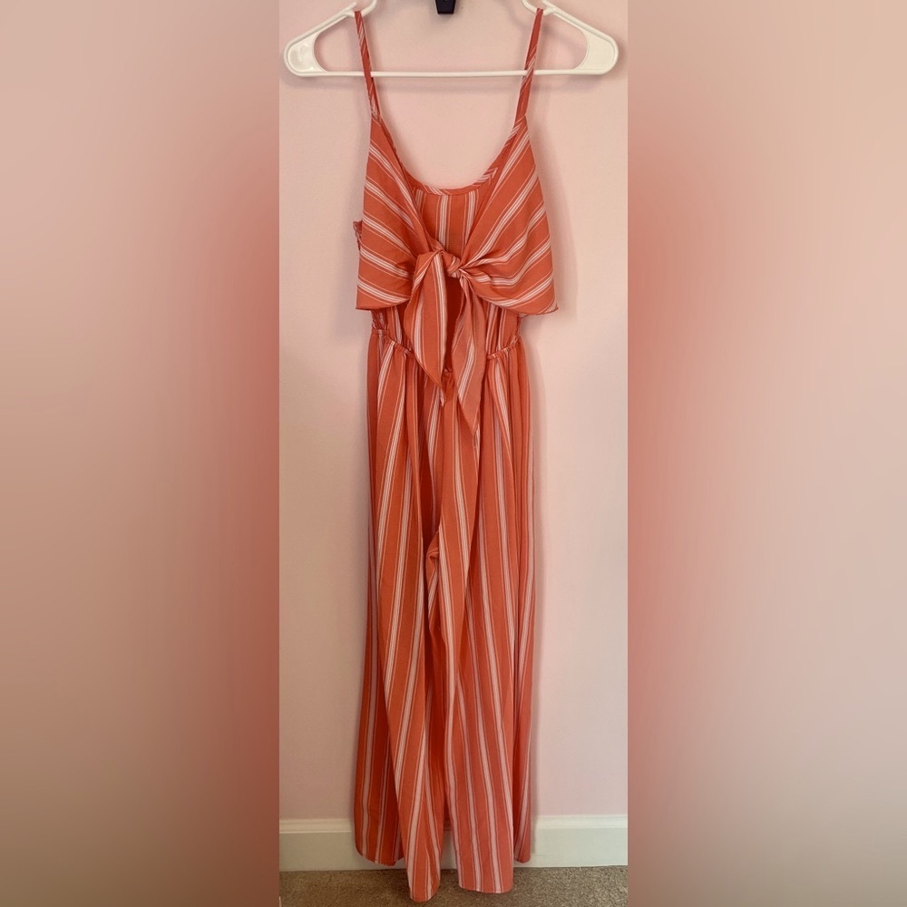 Rue21 Women’s Coral and White Vertical Striped Flattering Jumpsuit